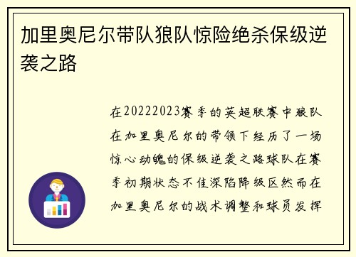 加里奥尼尔带队狼队惊险绝杀保级逆袭之路